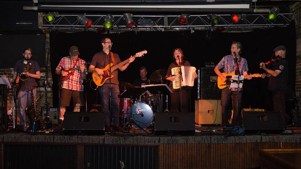 Brian on baritone sax with Machinery Hill at Whiskey Junction (Mpls), June 2017