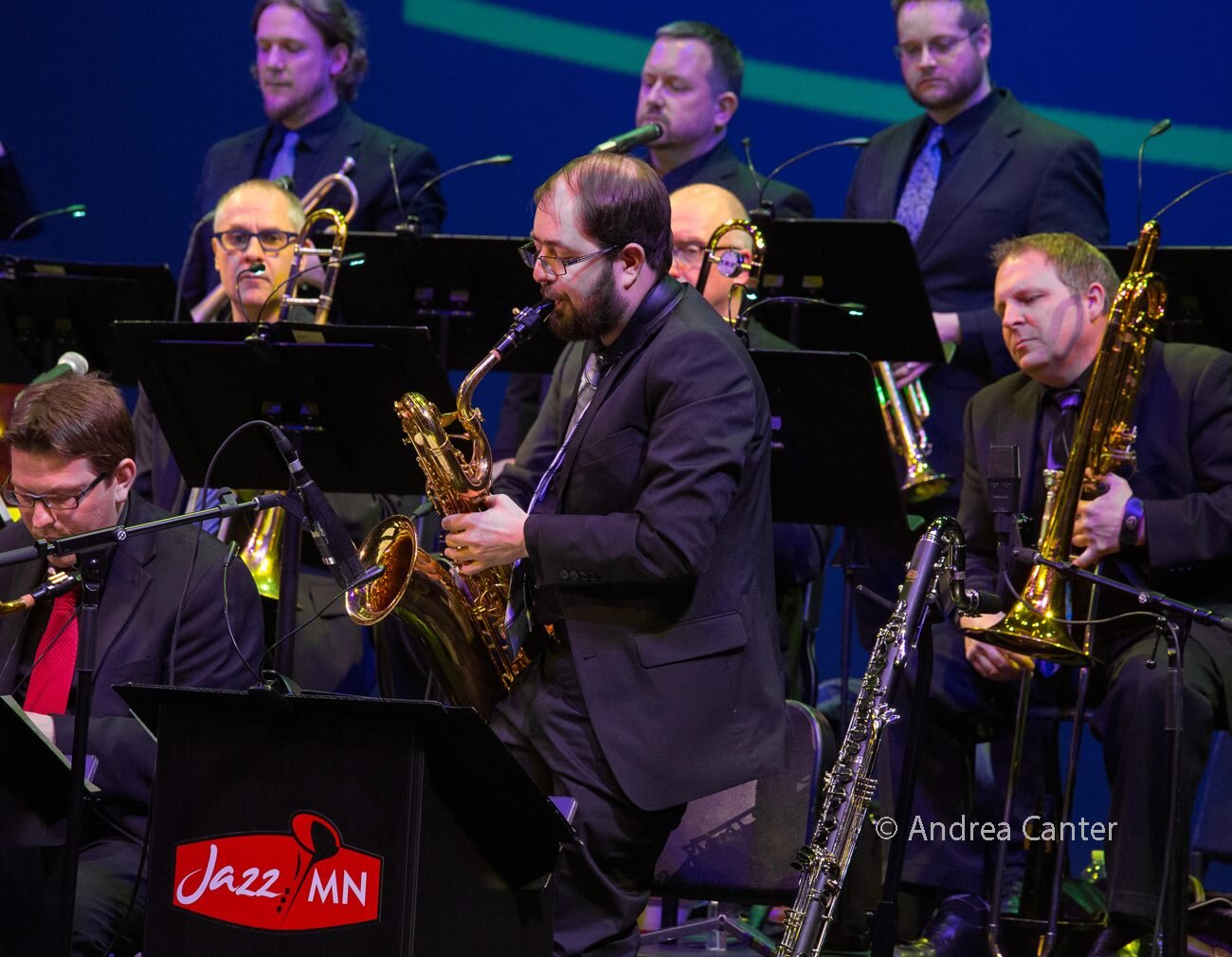 Brian soloing with the JazzMN Orchestra, April 2018 (photo credit: Andrea Canter)