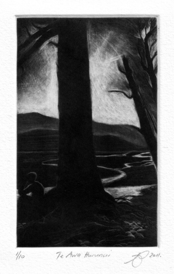 Te Awa Hurunui, copper plate mezzotint, 9 x 14 cm, 2011