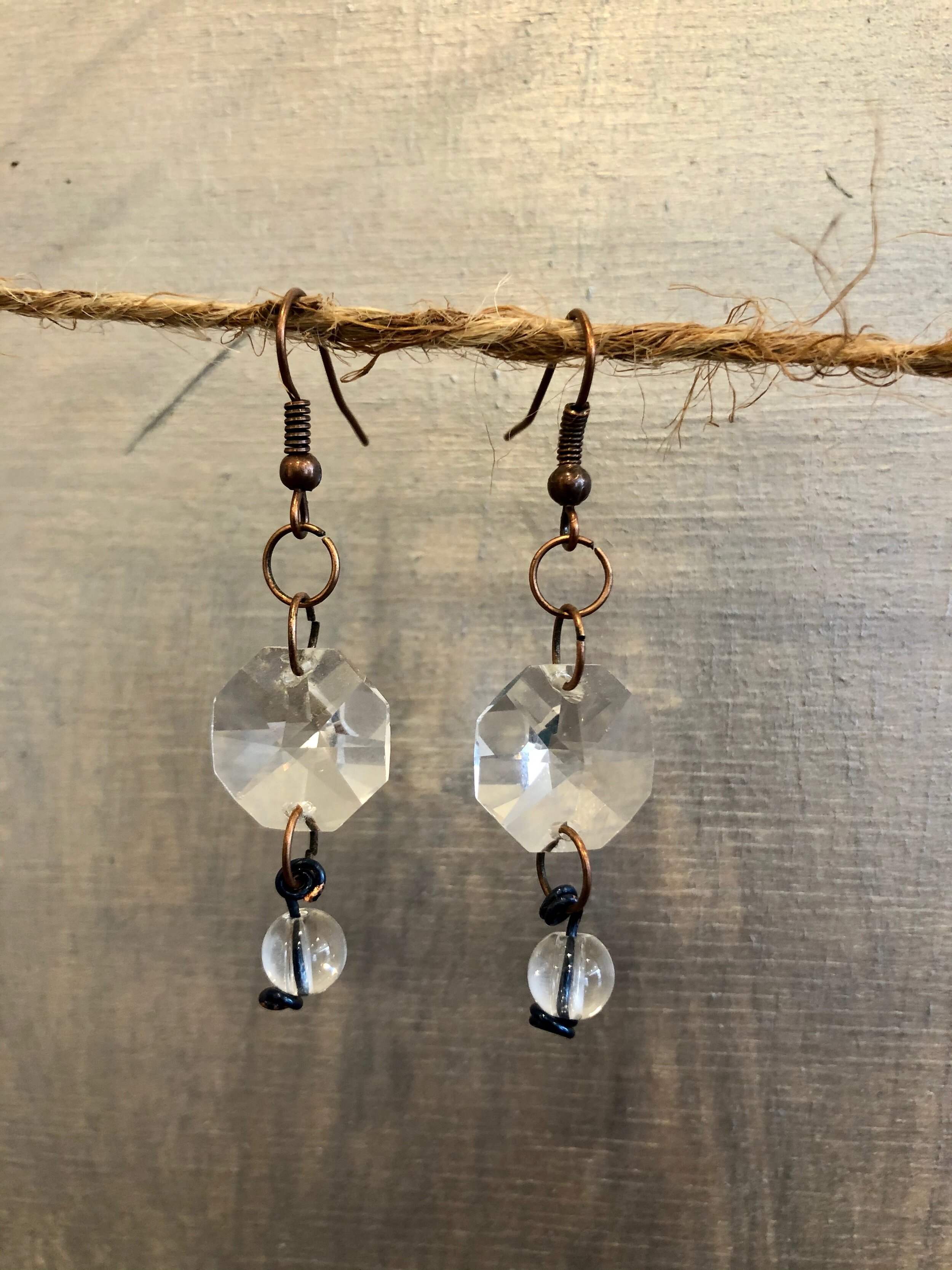 Reclaimed Antique Chandelier Crystal Dangle Earrings w/ Quartz Crystal Sphere Bead