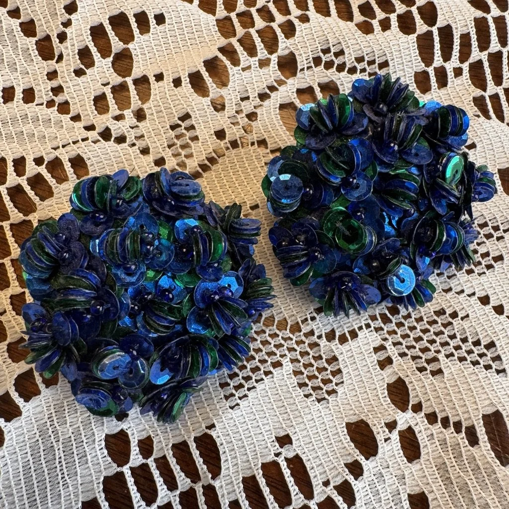 Vintage 1960s Blue + Green Sequin Clip-On Earrings