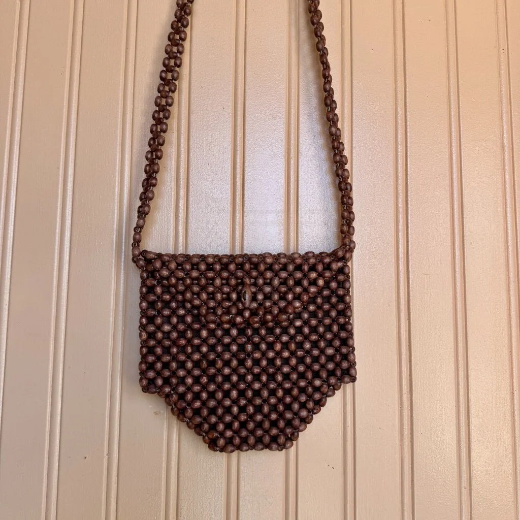 Vintage 1970s Wooden Beaded Purse with Long Strap