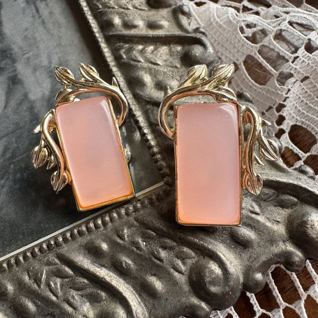 Vintage 1960s Clip-On Earrings by Coro - Costume Jewelry - Pink Enamel Rectangles w/ Gold Leaf Design