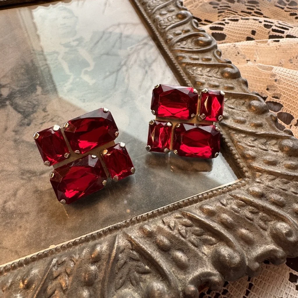 Vintage 1960s Red Jewel Clip On Earrings Midcentury Costume Jewelry