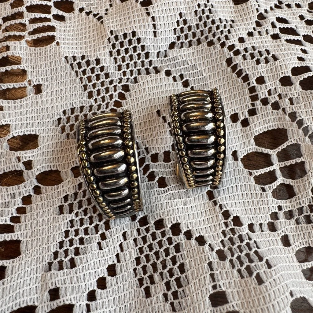Vintage 1980s Clip-On Earrings - Silvertone with Goldtone Accent Rattlesnake Like Design