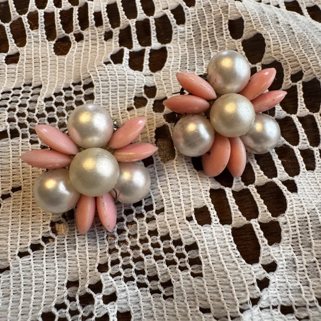 Vintage 1950s Clip-On Earrings Pink Beads w/ Faux Pearls