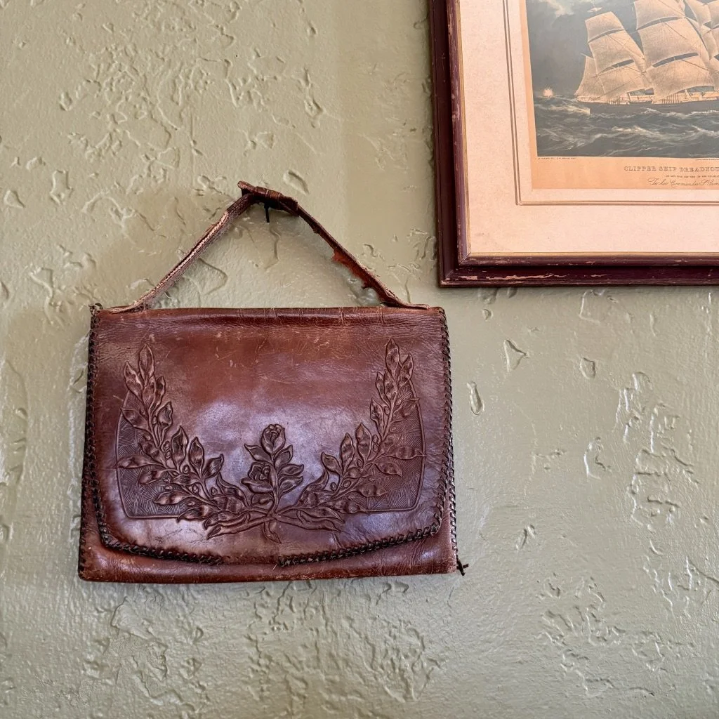 Antique 1920s Hand-Tooled Leather Envelope Purse