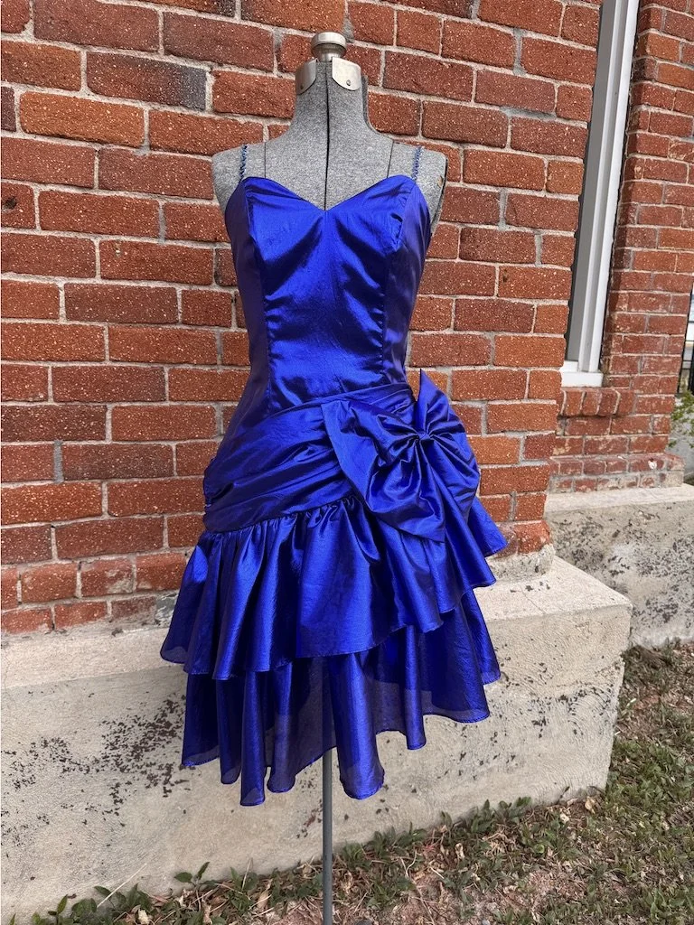80s Blue Lamè Party Dress with Sequin Straps - XS