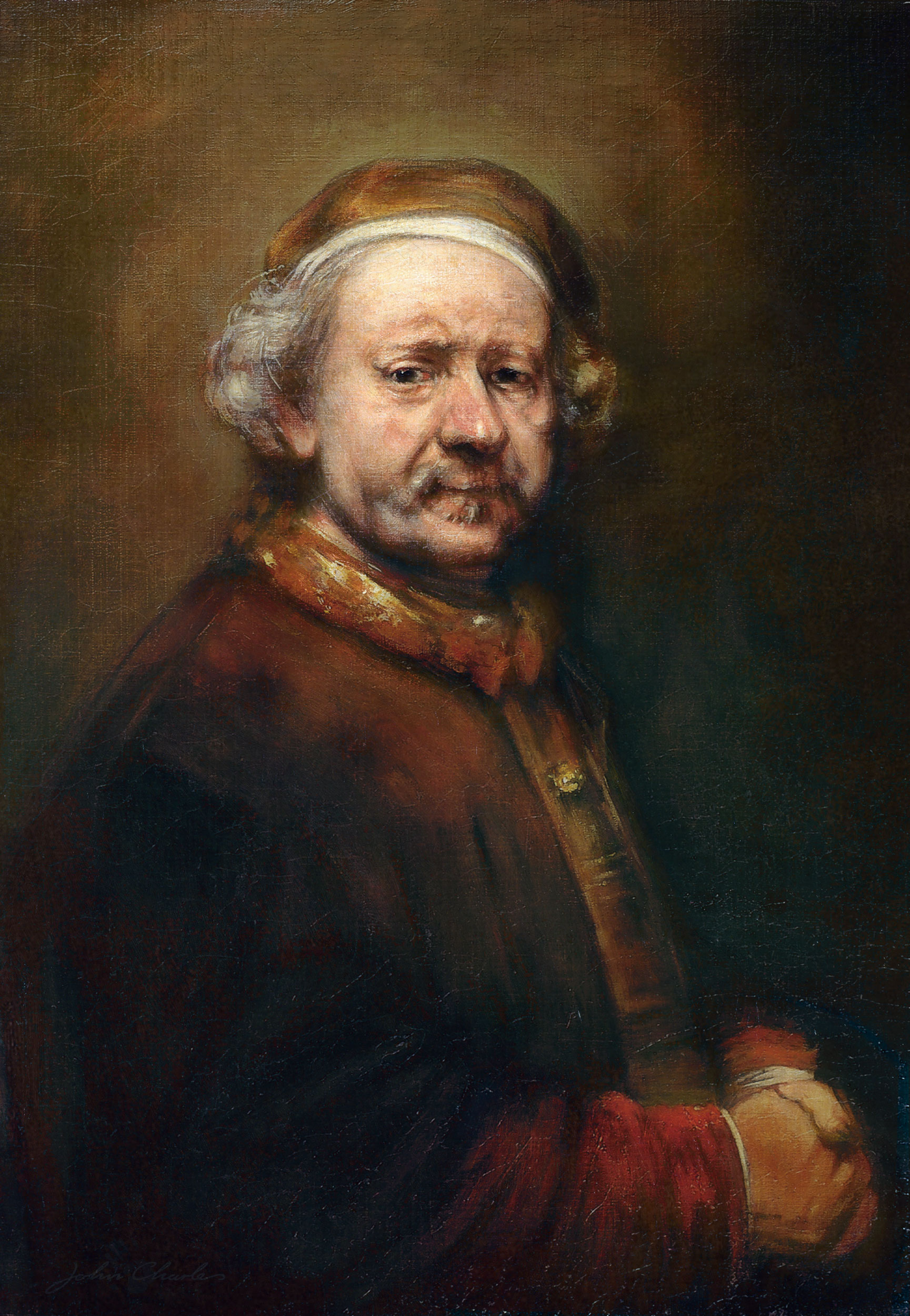 The Rembrandt portrait was for a Grolsh Lager pitch for Duckworth Finn Grubb Waters. Oil on board.   