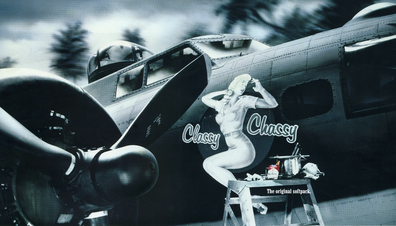  ‘Classy Chassy’ on an Imperial War Museum B 17 Flying Fortress at Duxford airfield for a Marlboro ad. Agency GGT.   