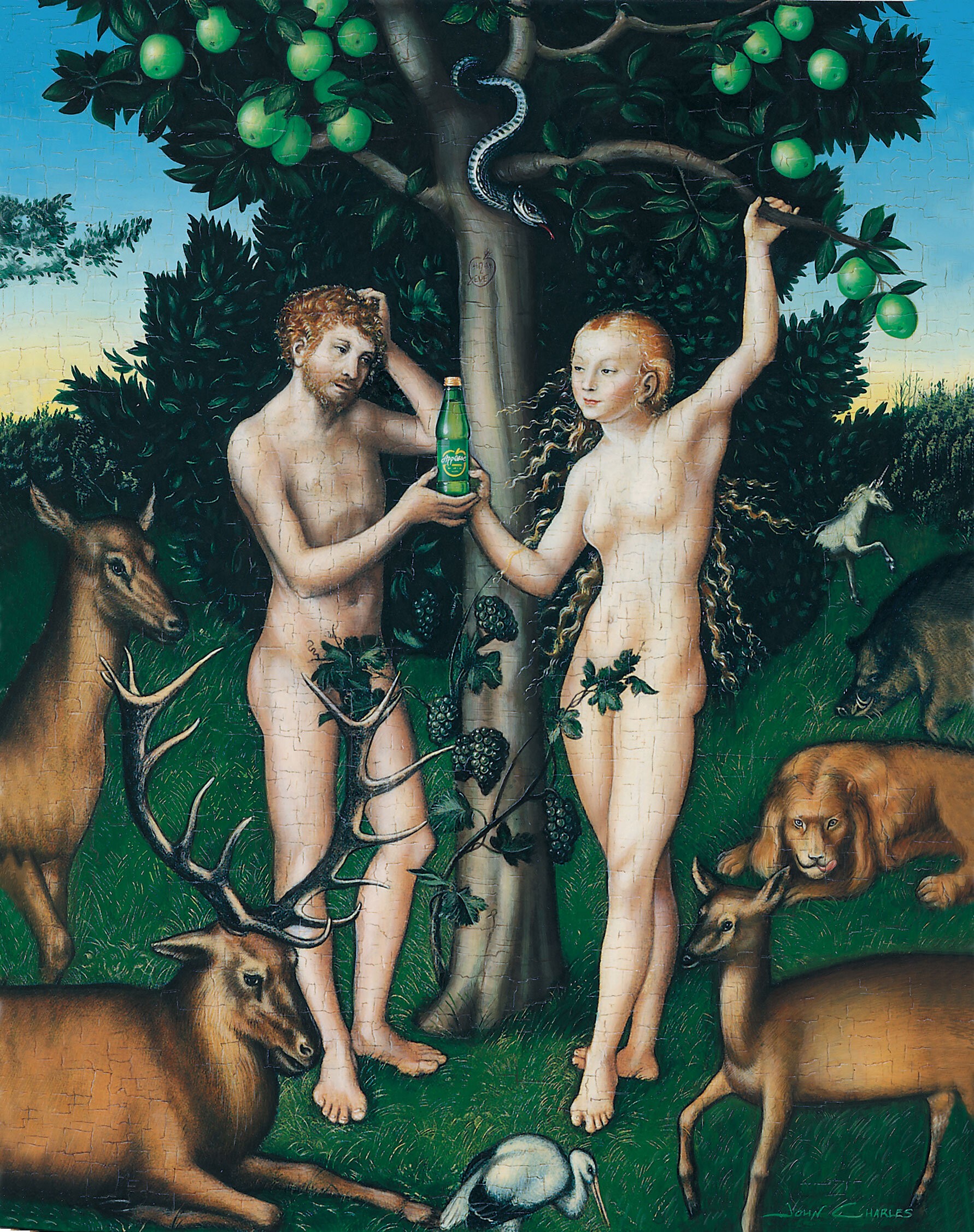  Lucas Cranach the Elder painting 'Adam &amp; Eve' for Appletise. DFGW.  Acrylic on Board 