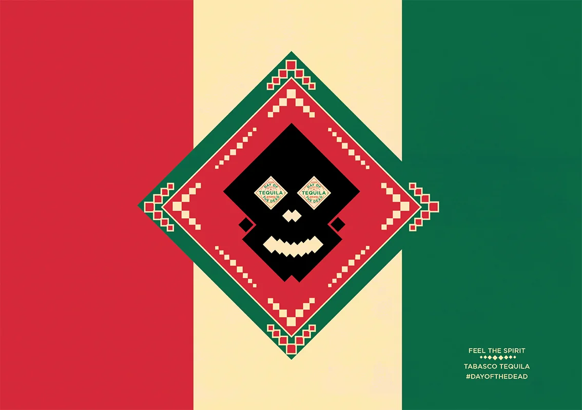 Mexican flag and skull motif made out of the iconic Tabasco diamond label