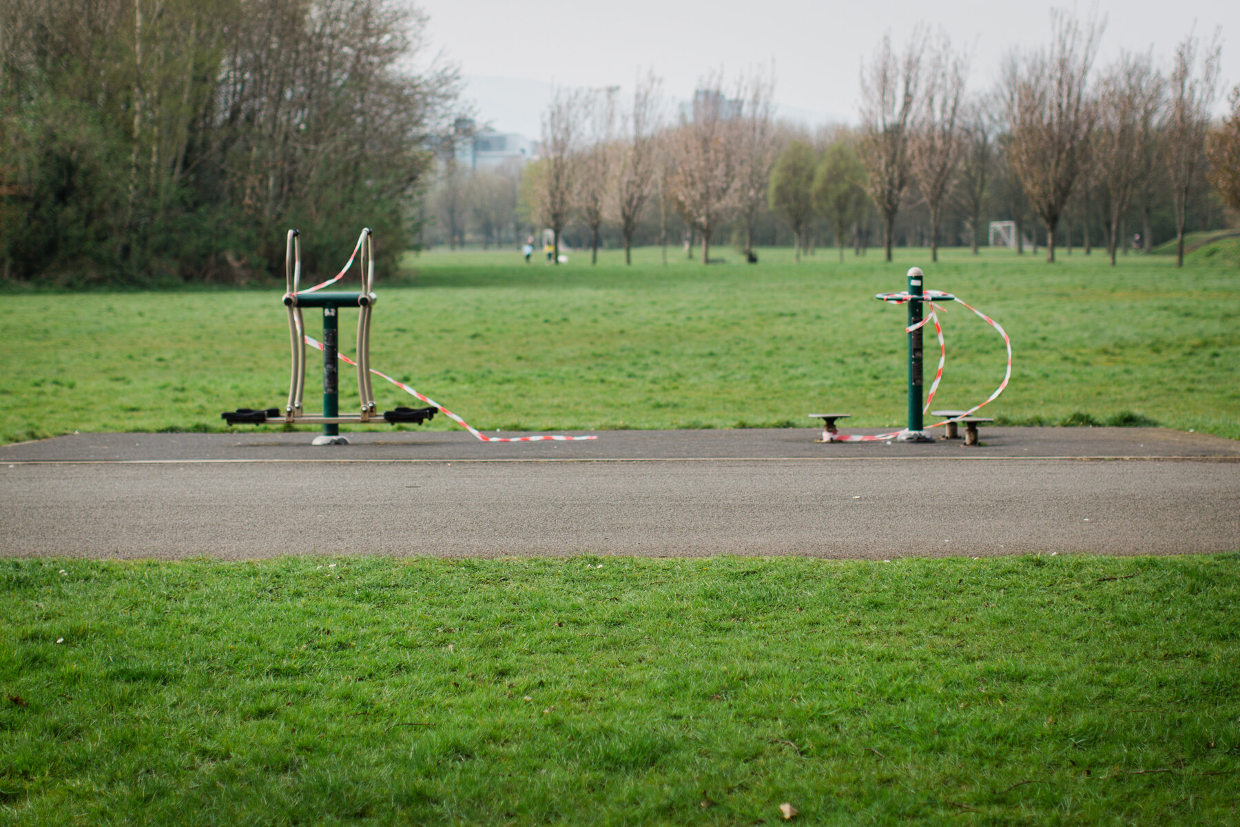 Cordoned off exercise stations, Ormeau Park, Belfast.