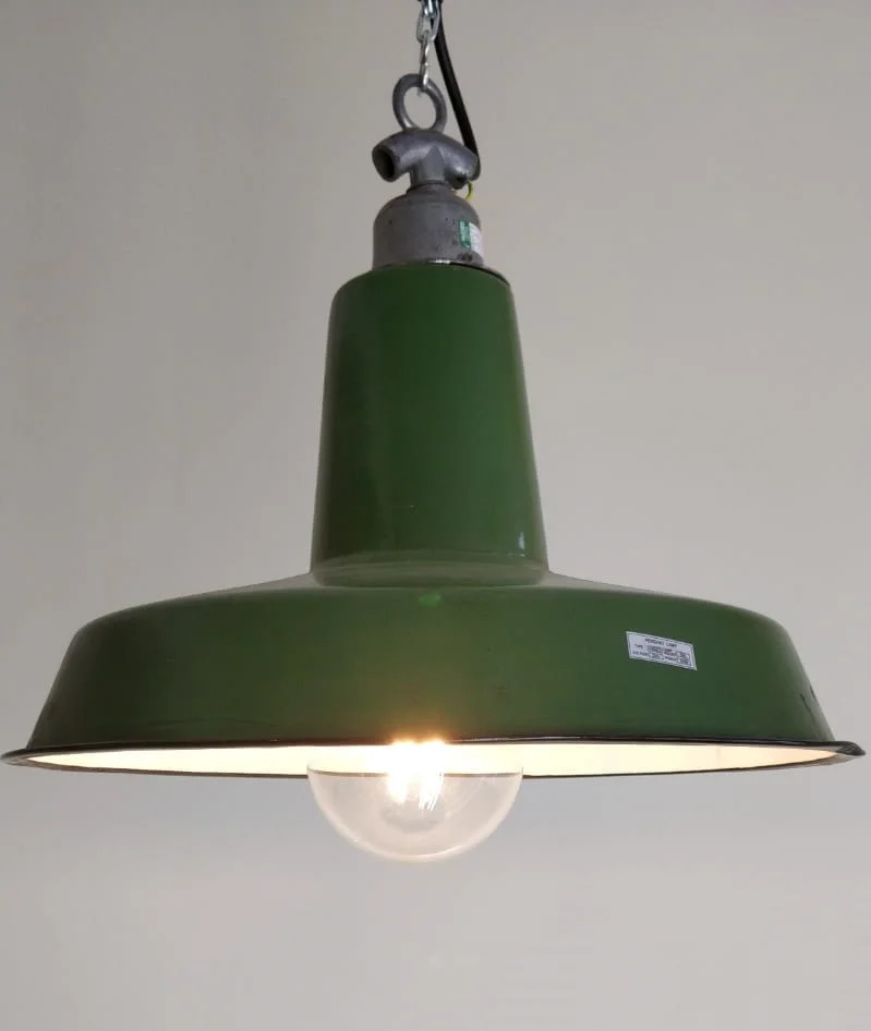 Original dark green ships industrial metal lamp shade with long neck