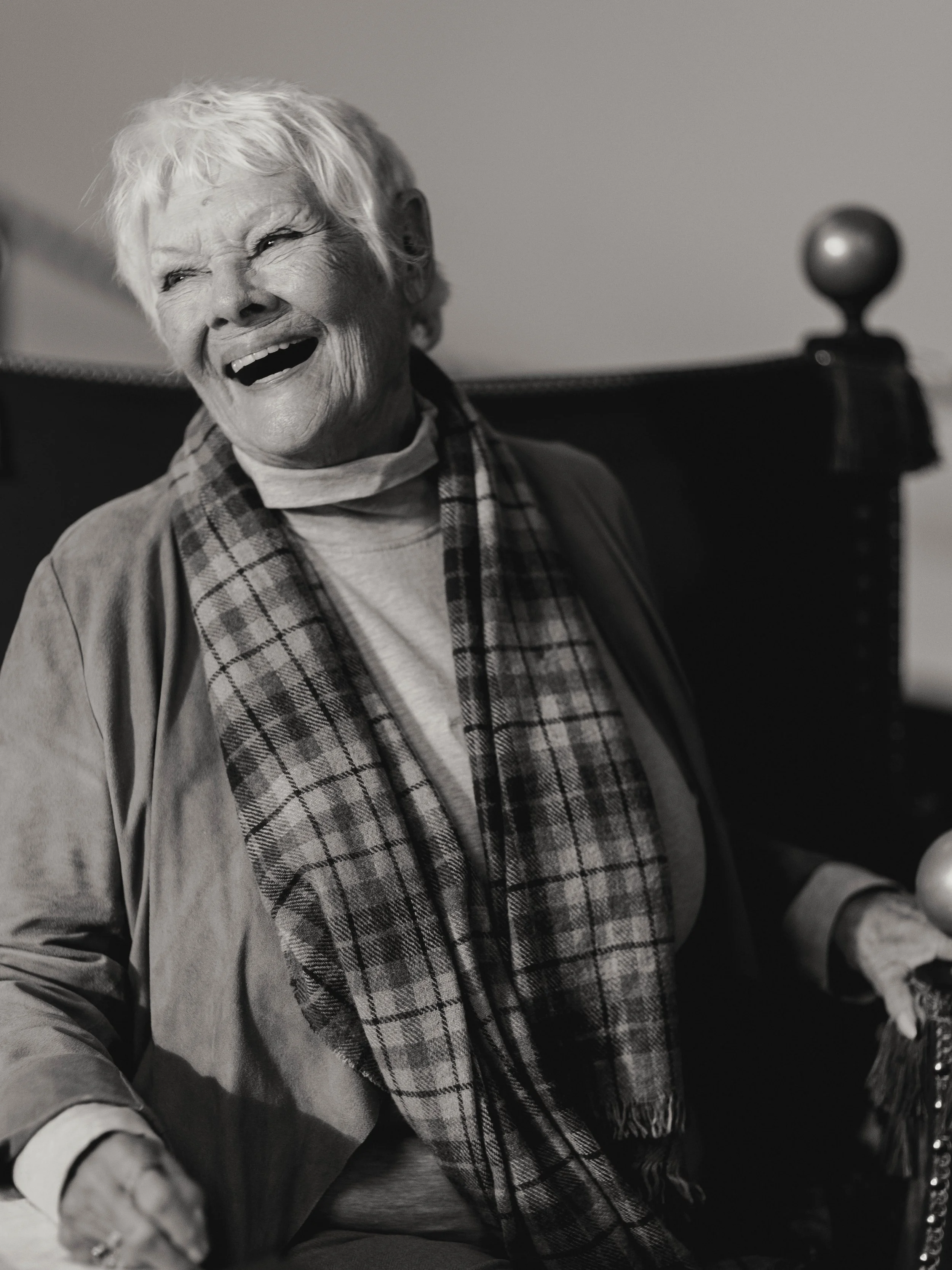 Dame Judi Dench on a throne Hampton Court Palace 2025 B&W portrait