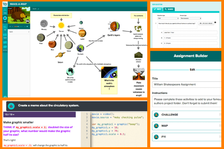 A few of the features available to whole school accounts, including Make a Map, quiz mixer, creative coding, and assignments