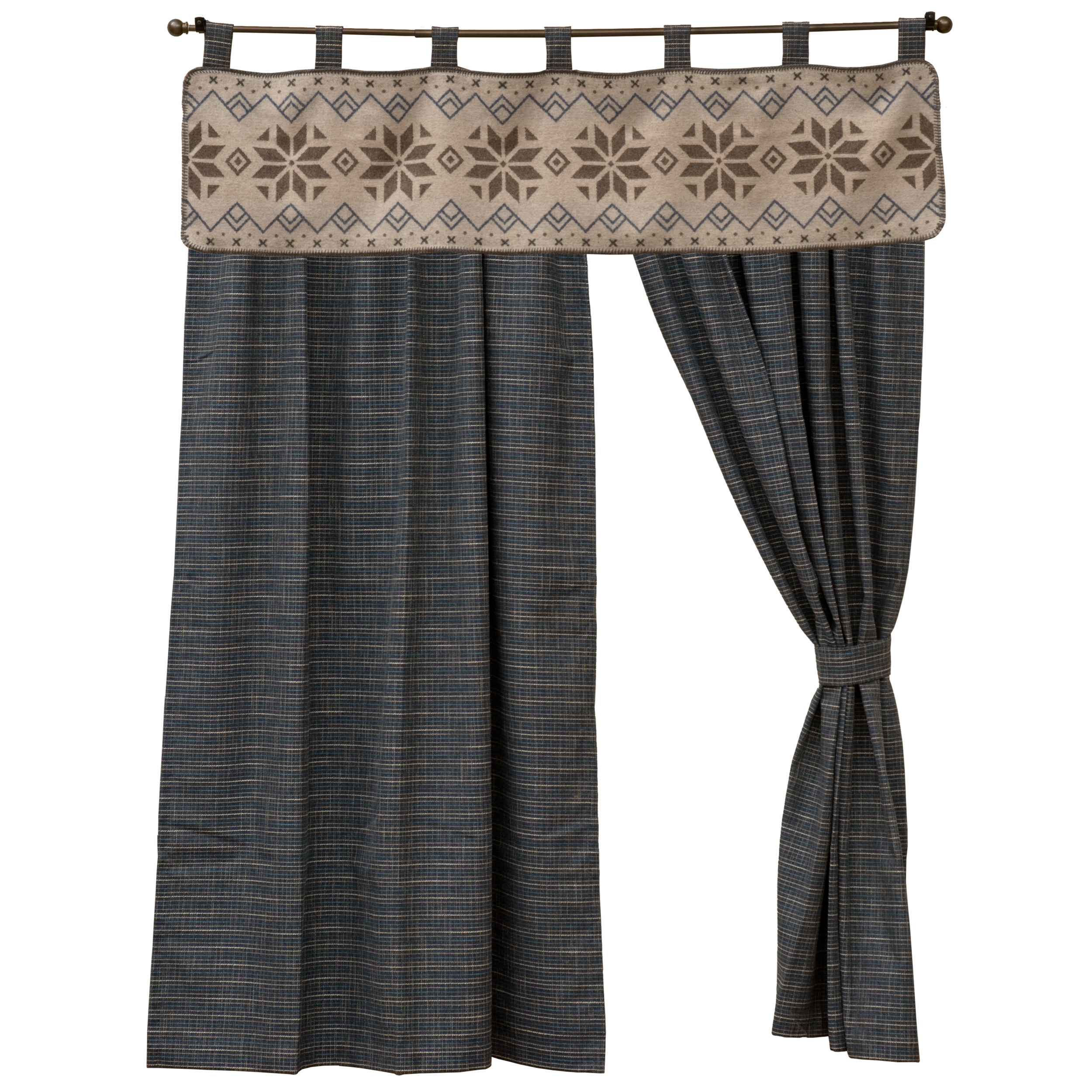 Drapery Tab Top Valance - 60" x 15" - #WD28080 (sold separately) Rod Pocket Drape - 53" x 84" - #WD28081 (sold per panel) Tie Back - 3" x 20" - #WD28082 (sold per tie back) Drape Set - #WD28083 (set includes: 2 drape panels and 2 tie backs)