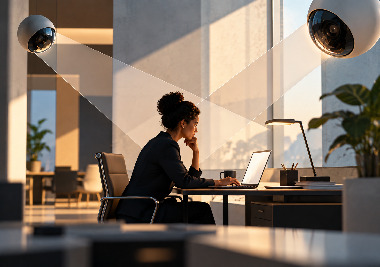 A professional works alone at a desk while two overhead surveillance cameras point toward her workspace, representing employee monitoring and the tension between oversight and trust.