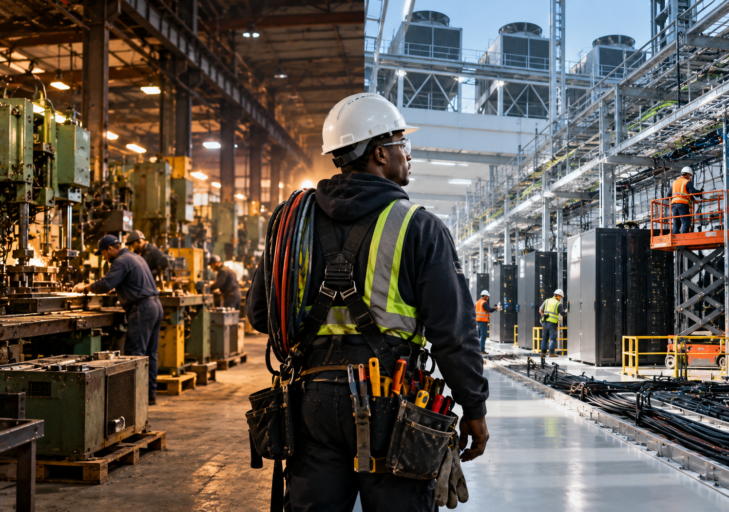 Skilled electrician standing between a manufacturing plant and a data center construction site, illustrating competition for specialized industrial workers.