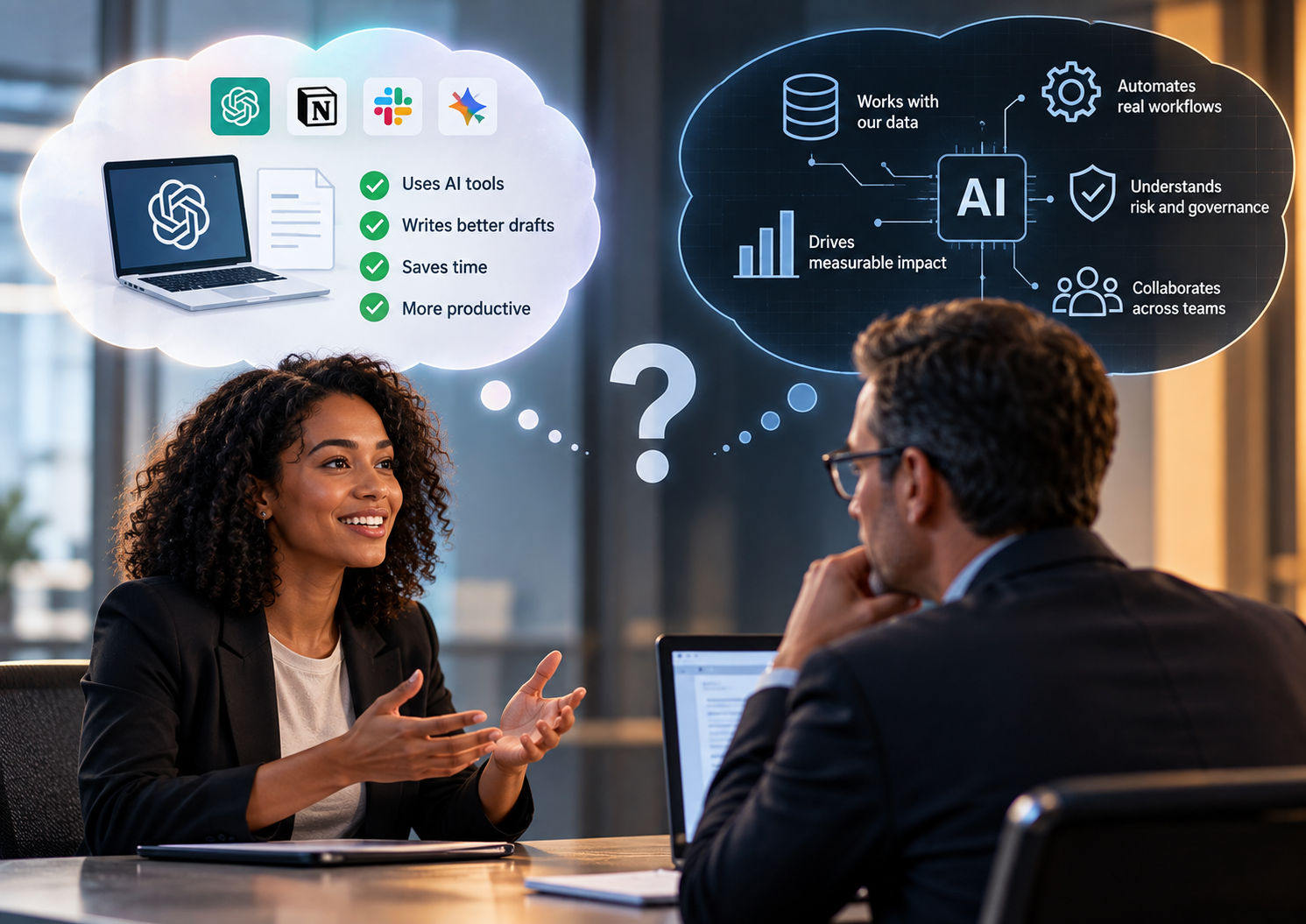 A job candidate and hiring manager sit across from each other with contrasting thought bubbles, illustrating different interpretations of what it means to be “AI-ready.”