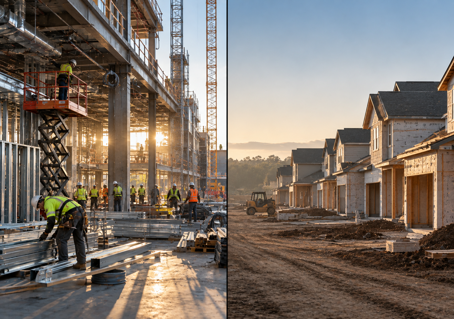 Split-view photograph contrasting a busy commercial construction site, where workers install structural systems, with a quiet residential development of unfinished houses and idle equipment, illustrating uneven construction activity.