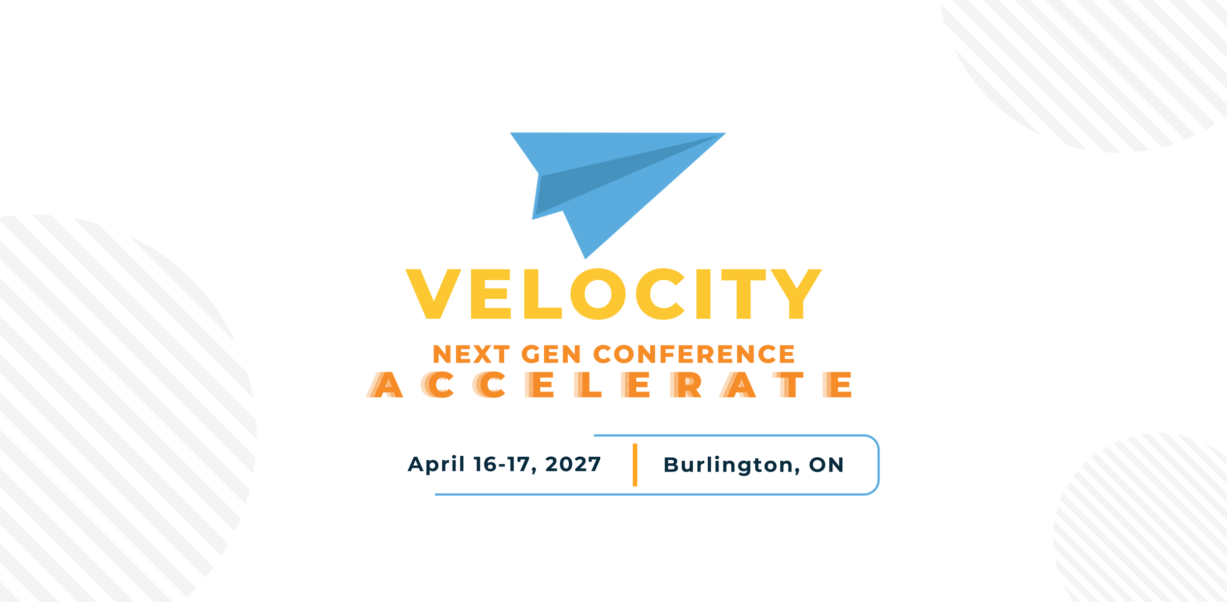 Velocity Next Gen Conference graphic featuring a blue paper airplane, April 16–17, 2027, in Burlington, Ontario.