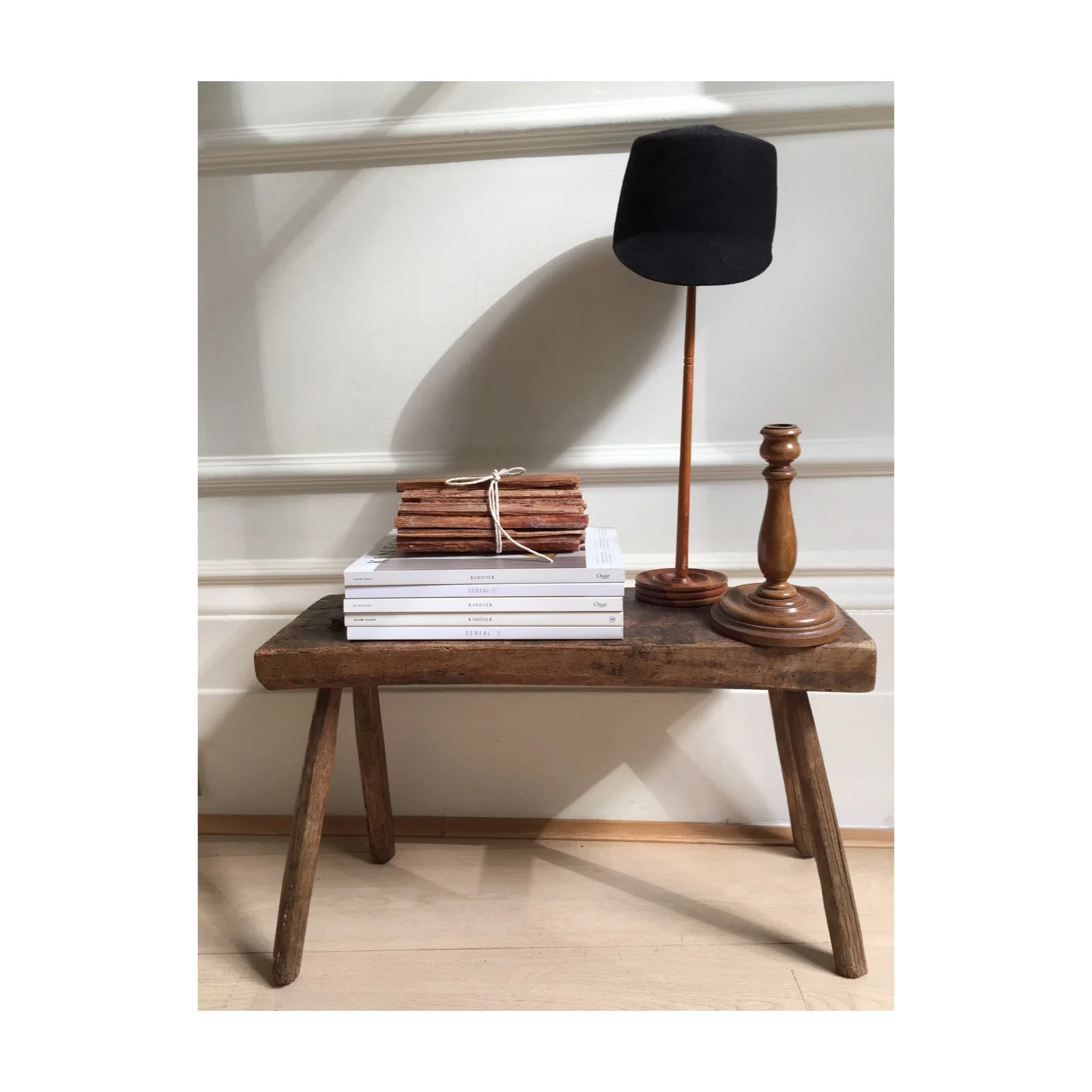  Eastern european stool, candle holder &amp; Victorian wig stand. 