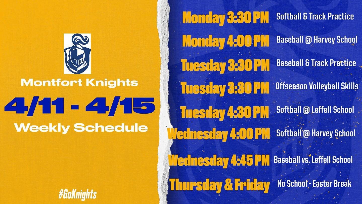 Busy schedule for our teams this on this short week. Our baseball and softball teams each have 2 games, including our baseball teams first home game since Montfort has moved to Mount Vernon at Scout Field! #GoKnights