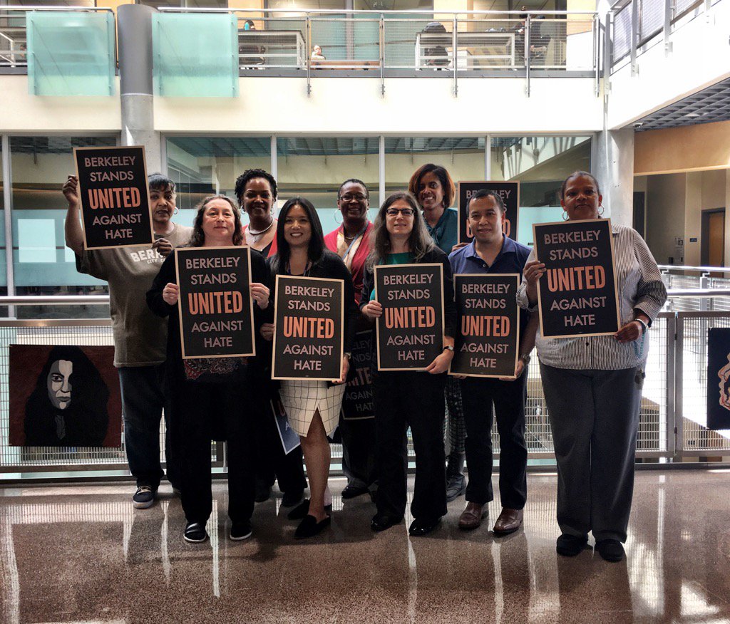 Members of Berkeley City College hold "Berkeley Stands United Against Hate."