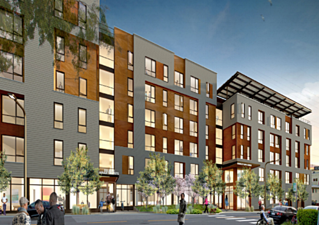 Rendering of the planned Berkeley Way development in downtown Berkeley. When built, it will have 142 units of permanently affordable housing, including an emergency shelter and transitional housing for veterans.