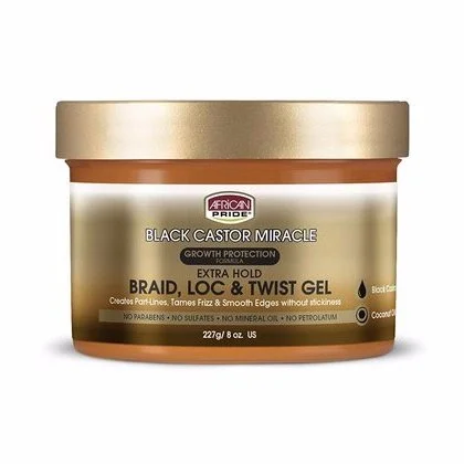 African Pride Black Castor Miracle Extra Hold Braid, Loc & Twist Gel 8 oz