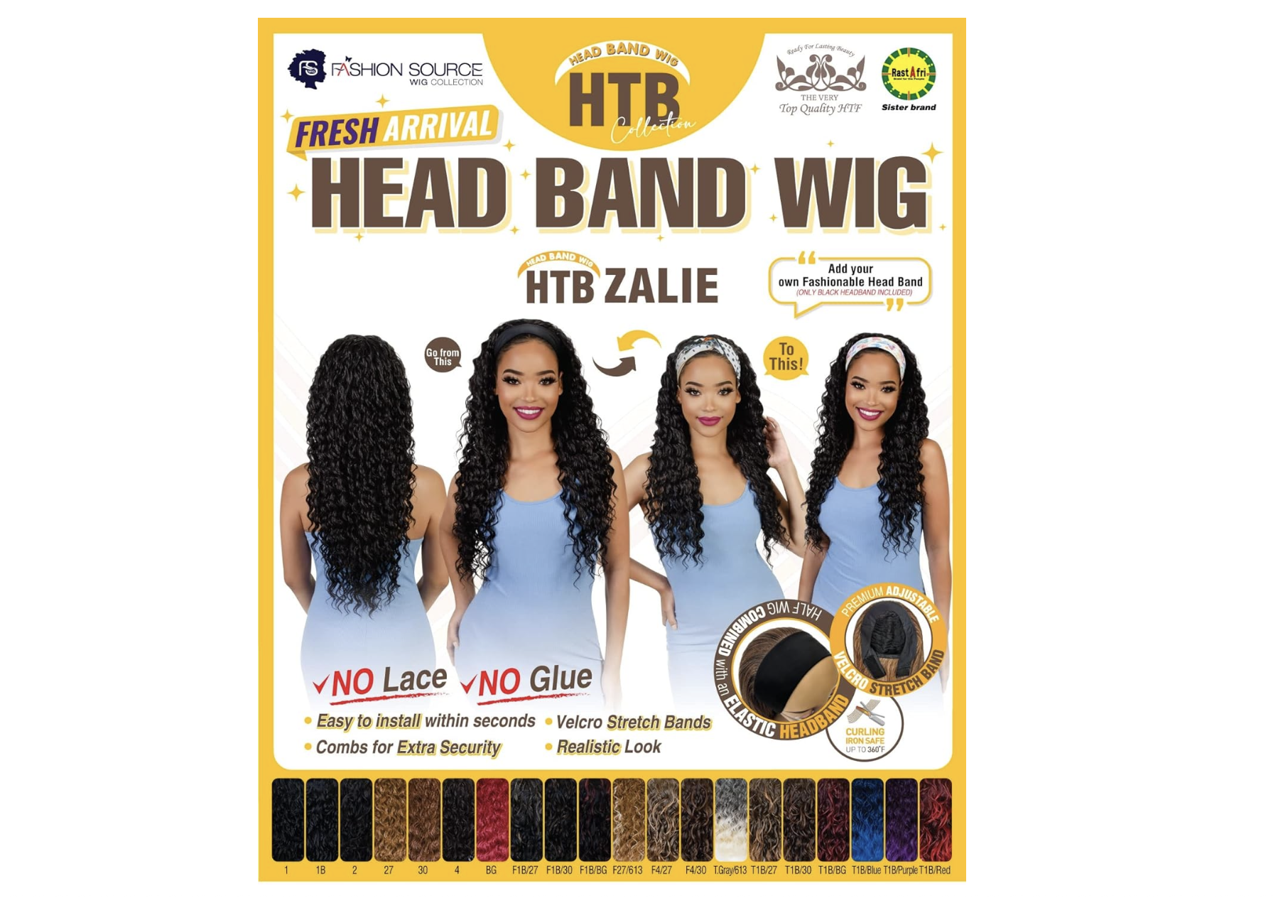 Fashion Source Head Band Wig HTB-ZALIE  Head Band Wig: No Lace, No Glue  Easy to install, Velcro stretch bands, Elastic headband, High heat safe