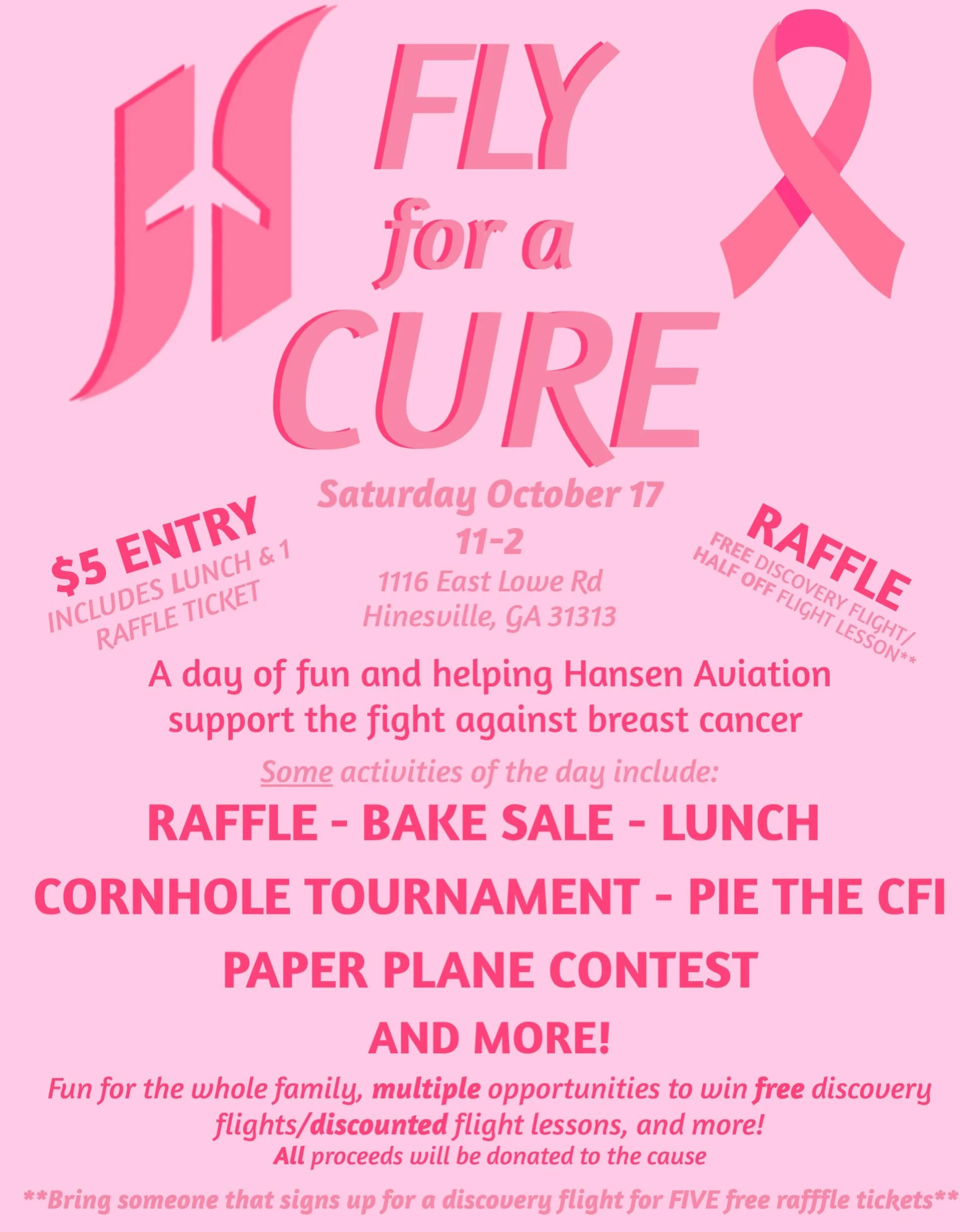 October 17!!!! Come out to the airport for a day of fun to support a great cause. 

There&rsquo;s something for everyone with multiple chances for new students to win free discovery flights and for current students to win a discounted flight lesson! 