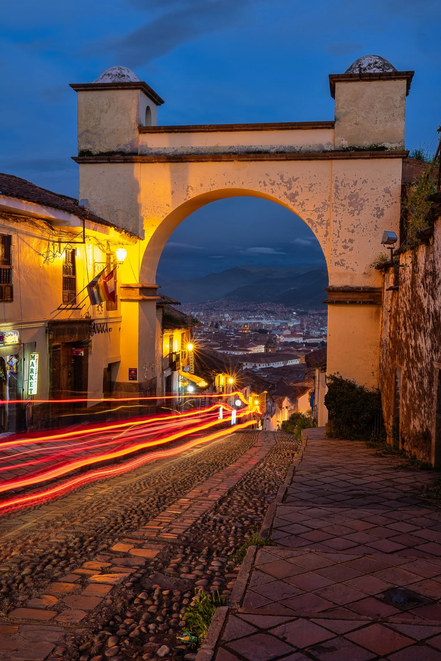 Santa Ana arch at night, Cusco, Peru