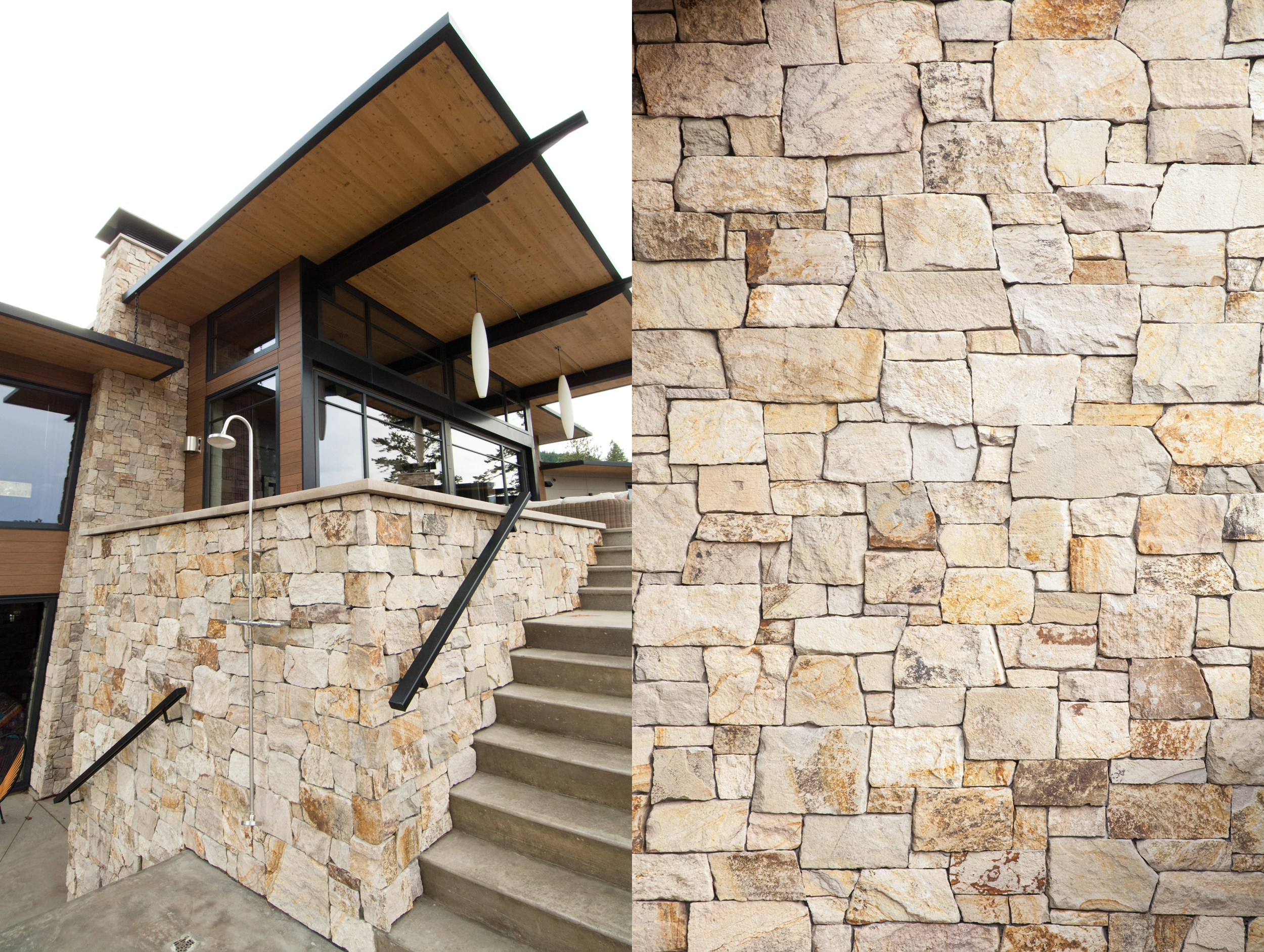 A private, outdoor shower just off the pool deck and stone details