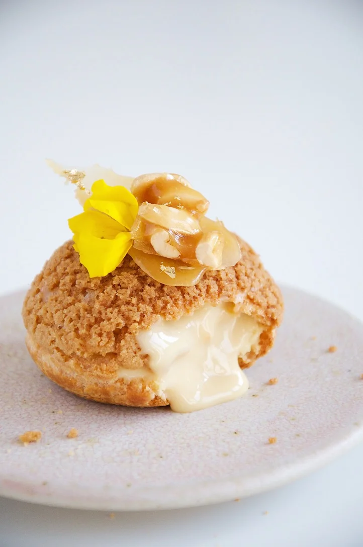 Choux Au Craquelin With Creamy Caramel Cream And Peanut Brittle Julie Marie Eats