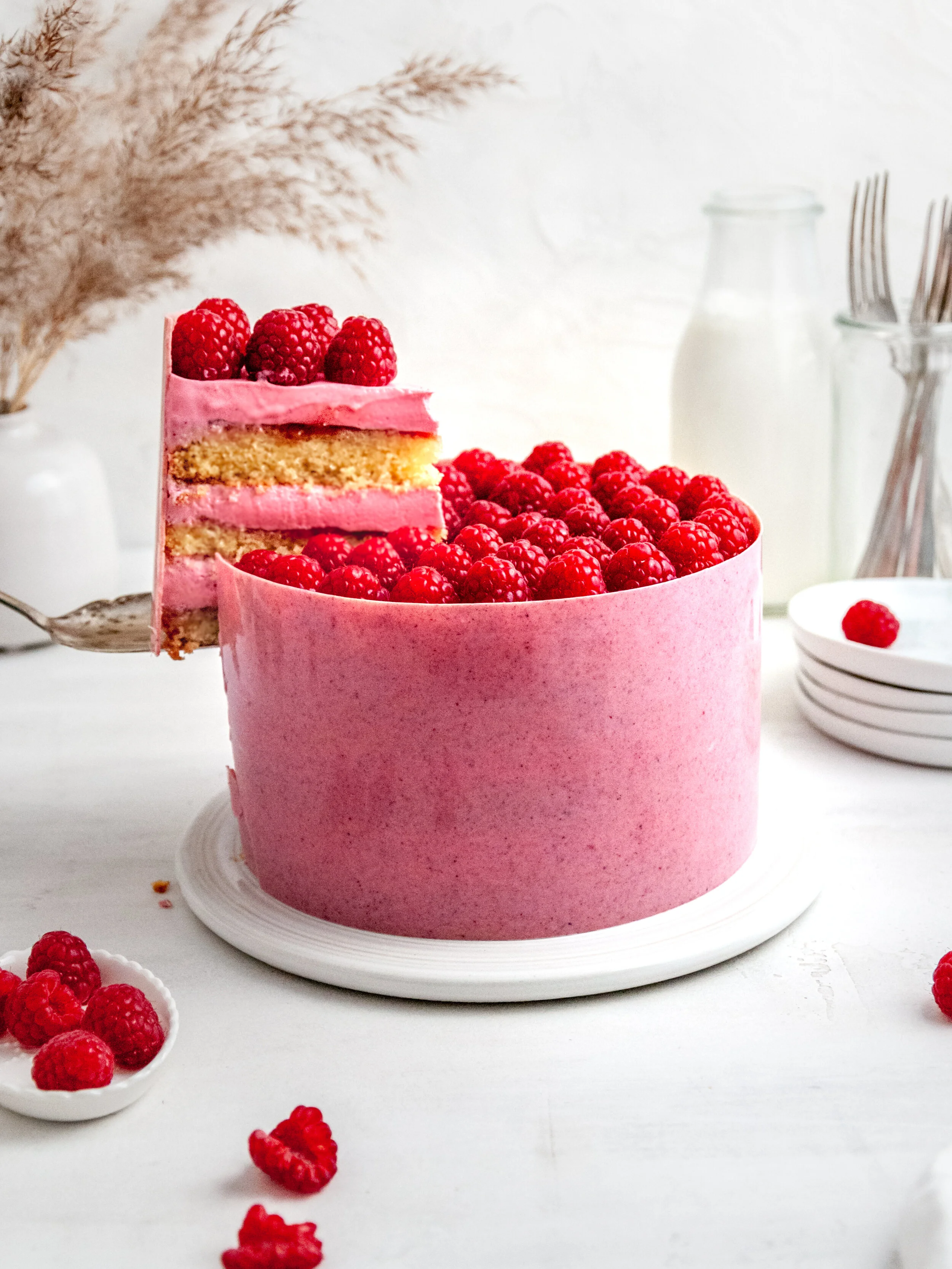Raspberry Rhubarb And Vanilla Mousse Layer Cake Julie Marie Eats