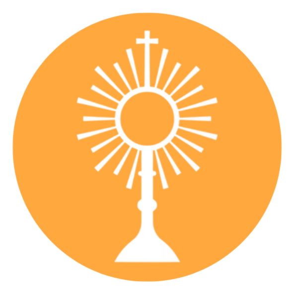 A white monstrance with a circular design and a cross at the top, displayed on an orange background.