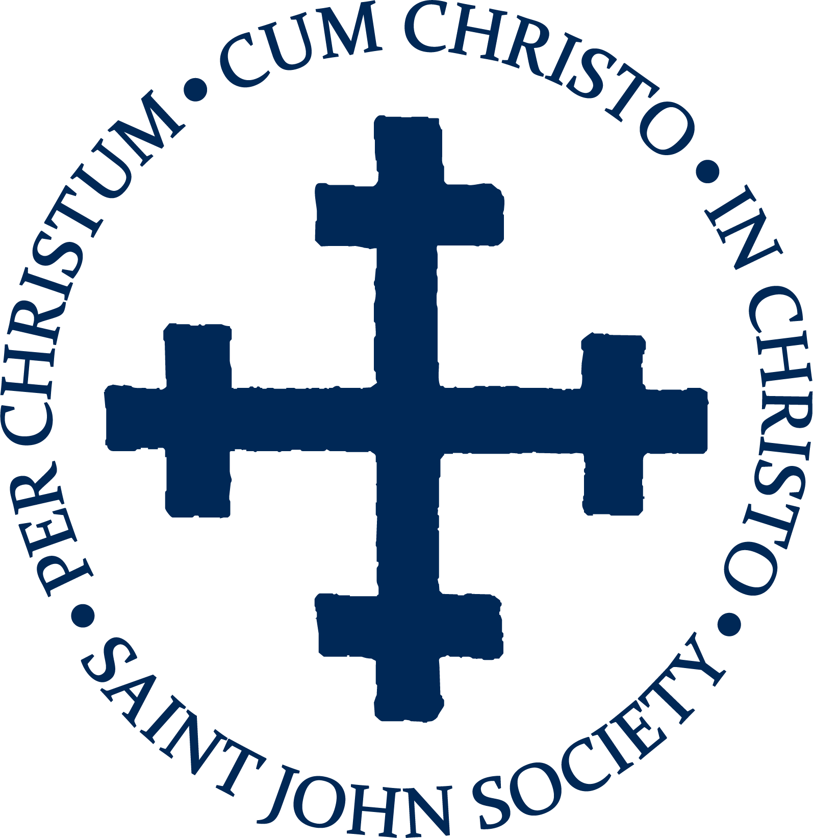 Logo of Saint John Society featuring a blue cross with each arm ending in a cross shape, encircled by the text "PETER CHURCH • CUM CHRISTO • IN CHRISTO • SAINT JOHN SOCIETY" in blue.
