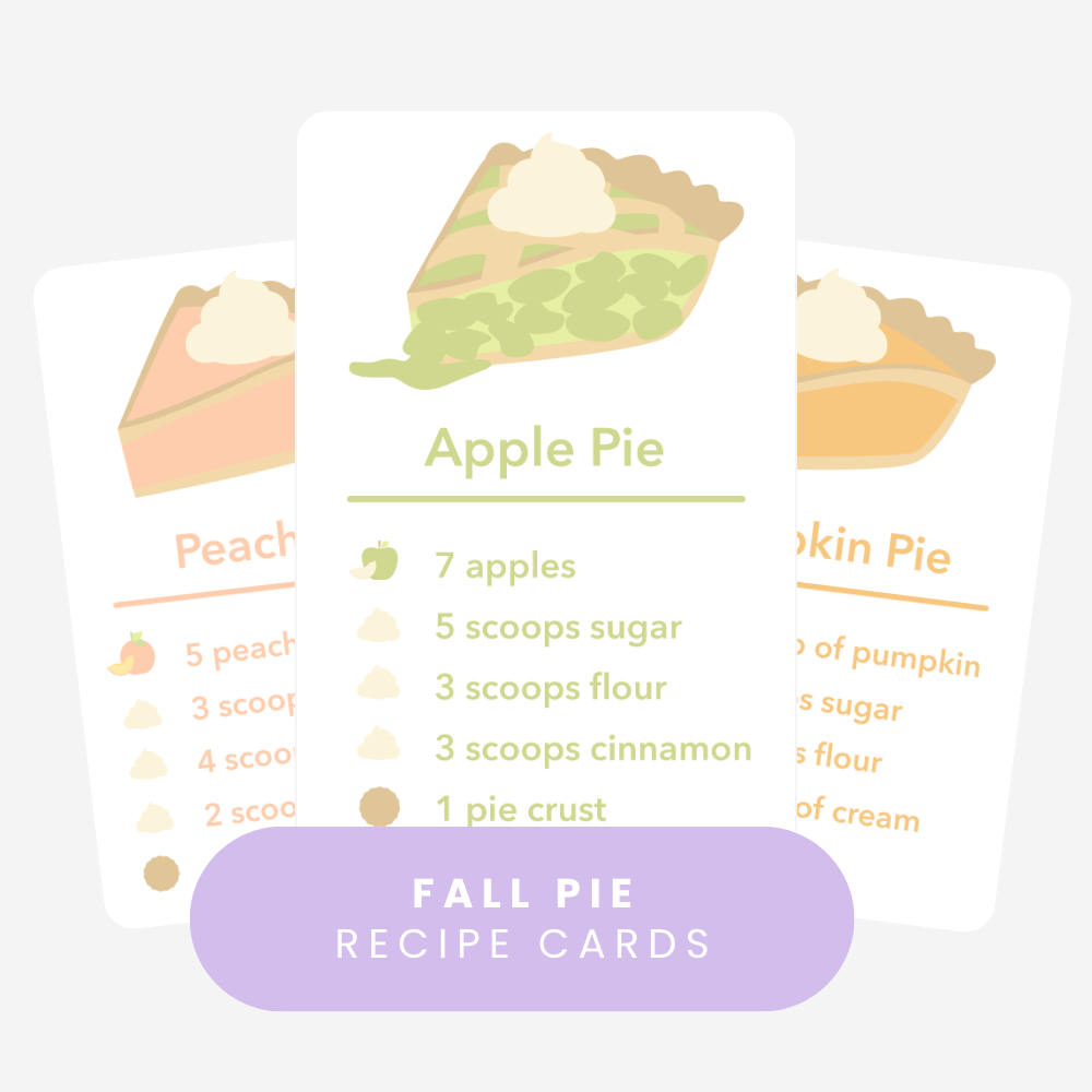 Fall Pie Recipe Cards cover showing the Apple Pie card with Peach Pie and Pumpkin Pie cards behind it