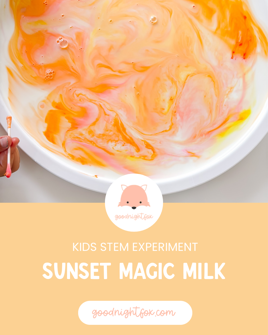 Sunset milk experiment for kids with warm red, orange, and yellow colors swirling in milk.