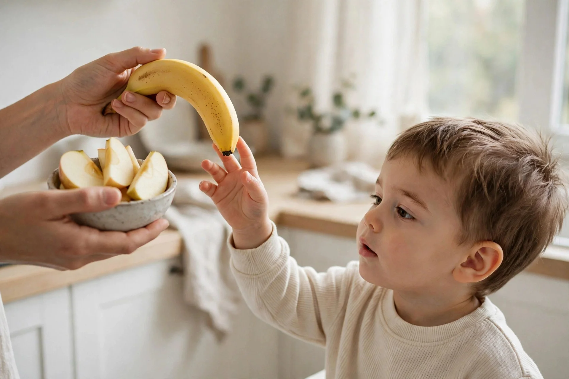 Offering a toddler two snack choices to encourage communication — toddler speech delay activities