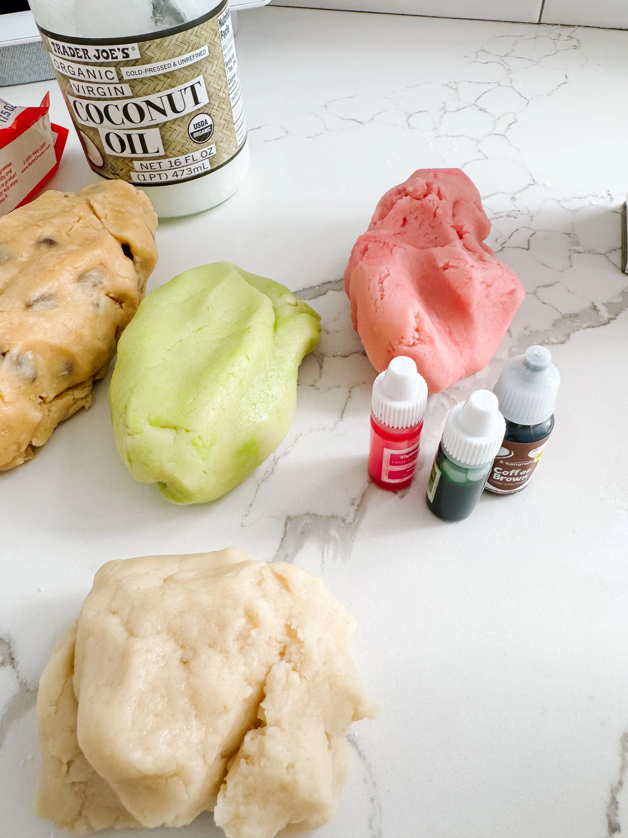 Ingredients and supplies for making soft ice cream play dough for sensory play.