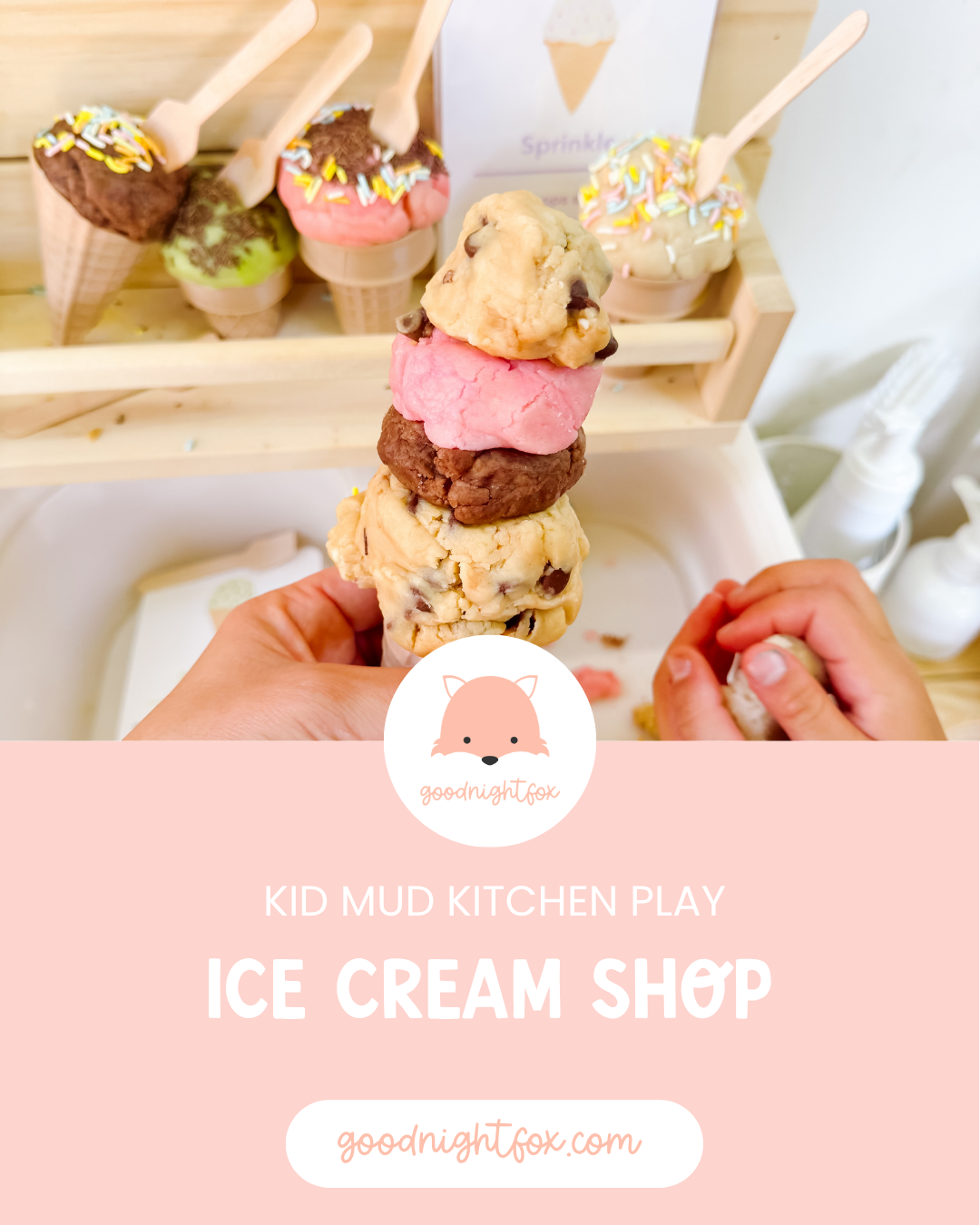 Free ice cream recipe cards for pretend play and mud kitchen sensory play.