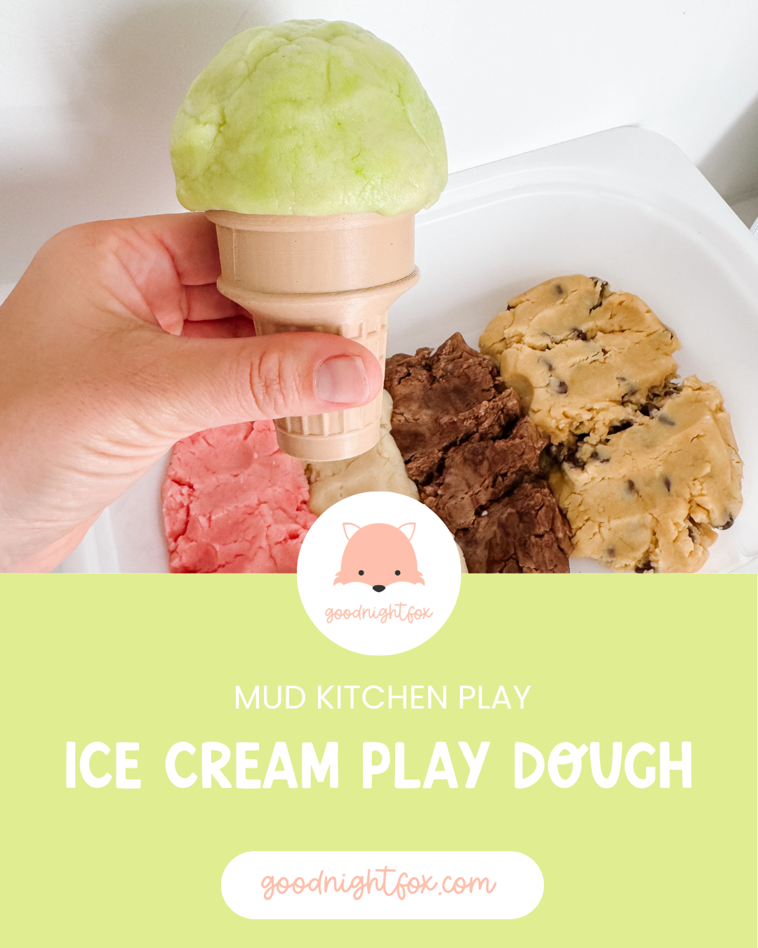Ice cream play dough recipe for kids with soft colorful dough scooped like pretend ice cream.