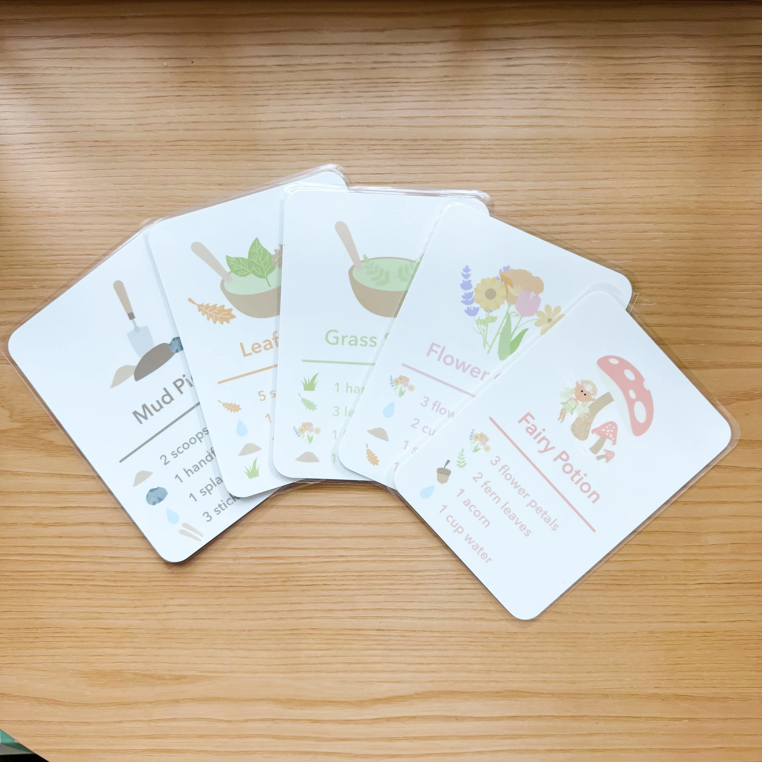 GoodnightFox mud kitchen recipe cards including fairy potion, grass salad, leaf soup, flower cake, and mud pie.