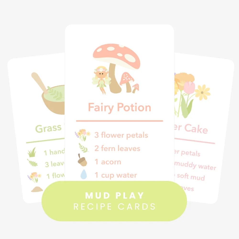 GoodnightFox Mud Play Recipe Cards printable with fairy potion, grass salad, and flower cake recipe cards.