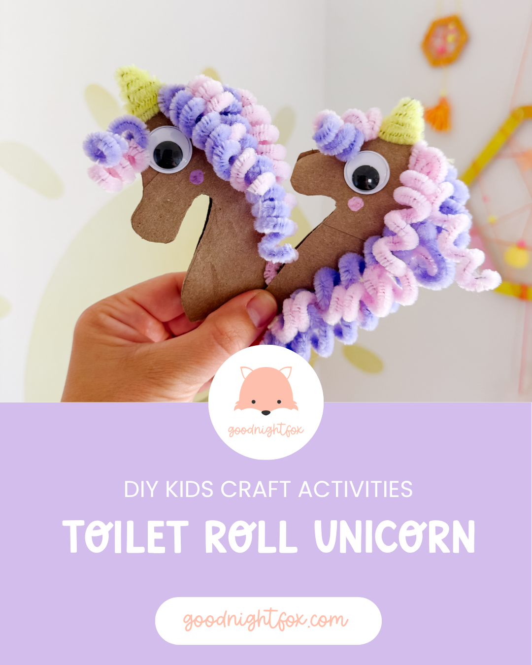 Toilet roll unicorn craft for kids with pastel pipe cleaner mane, googly eyes, and yellow horn.