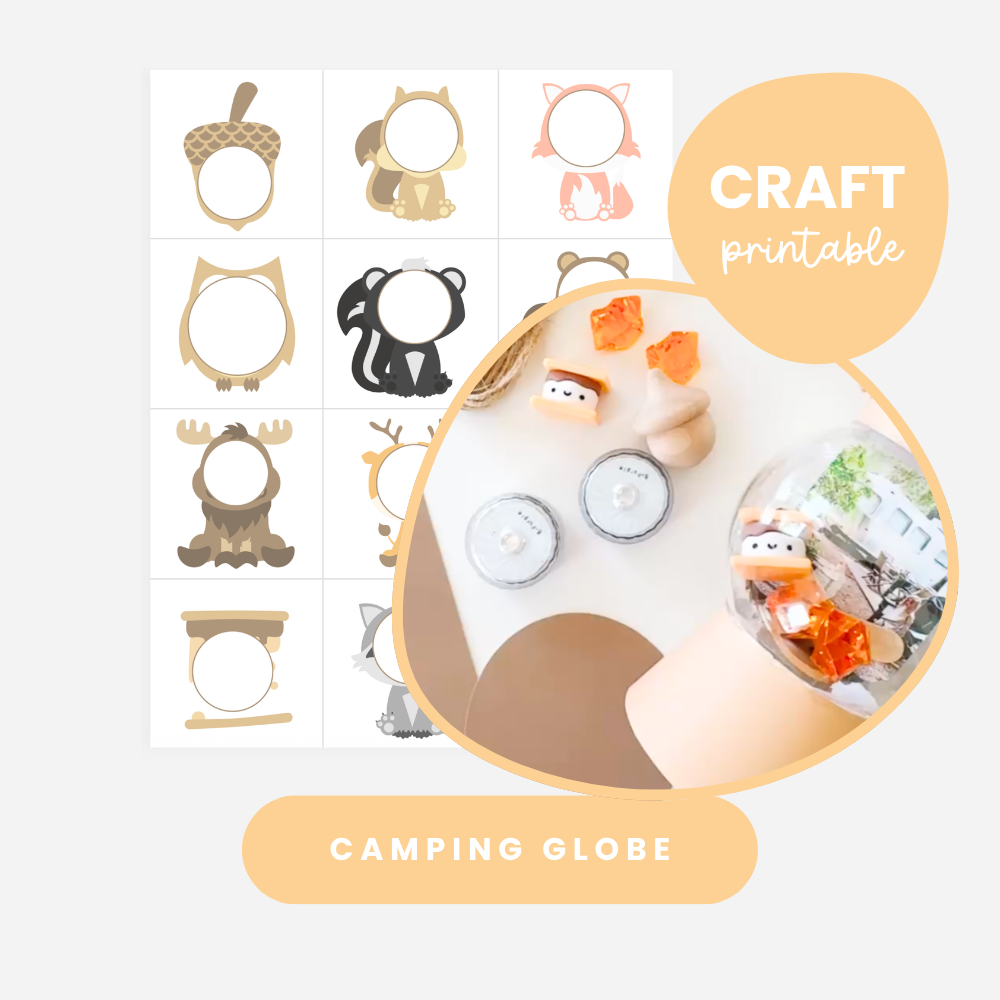 Camping keepsake globe printable with woodland photo frames and lantern craft pieces.