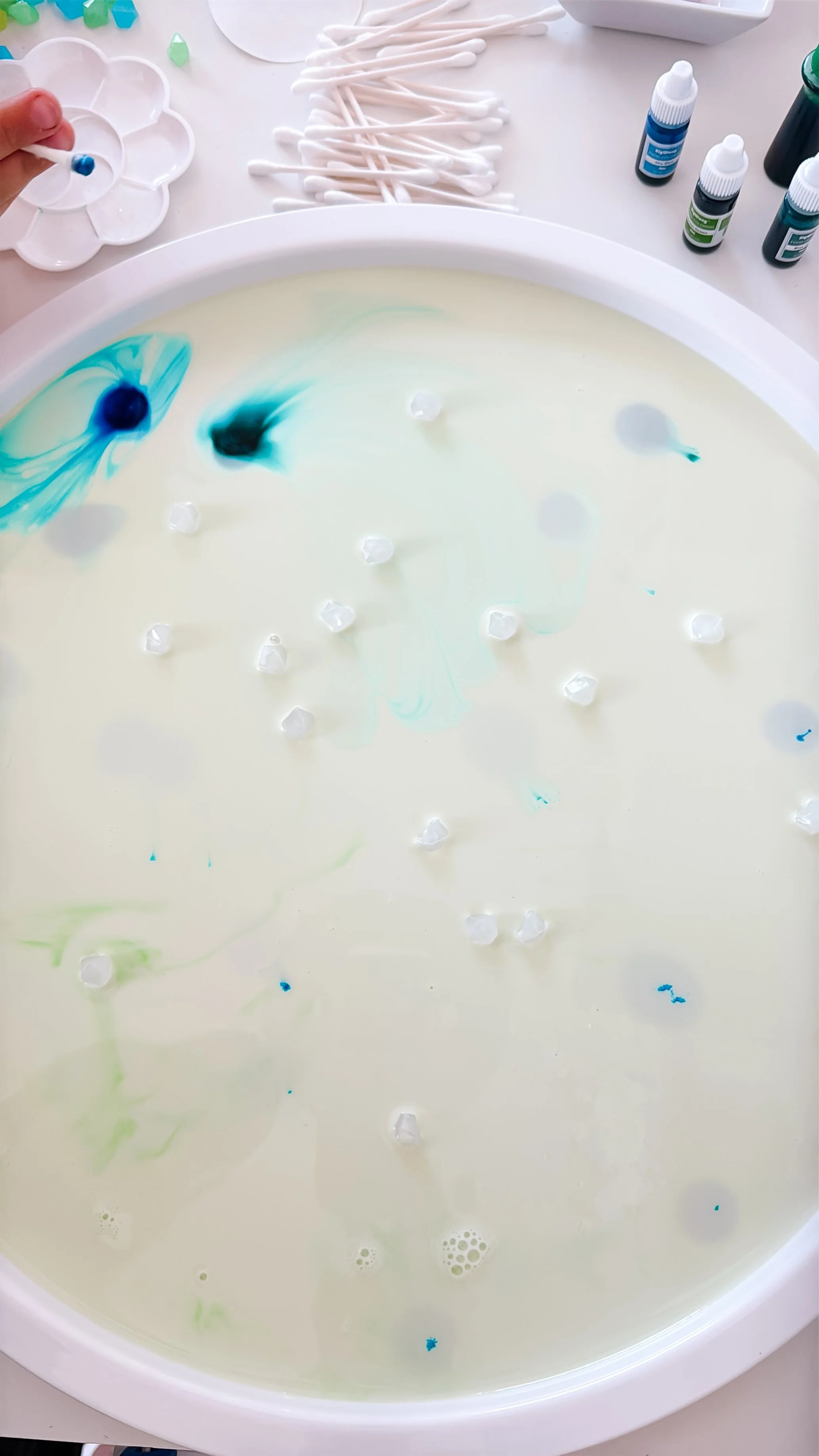 Adding drops of blue and green food coloring to whole milk for a Northern Lights Magic Milk experiment.